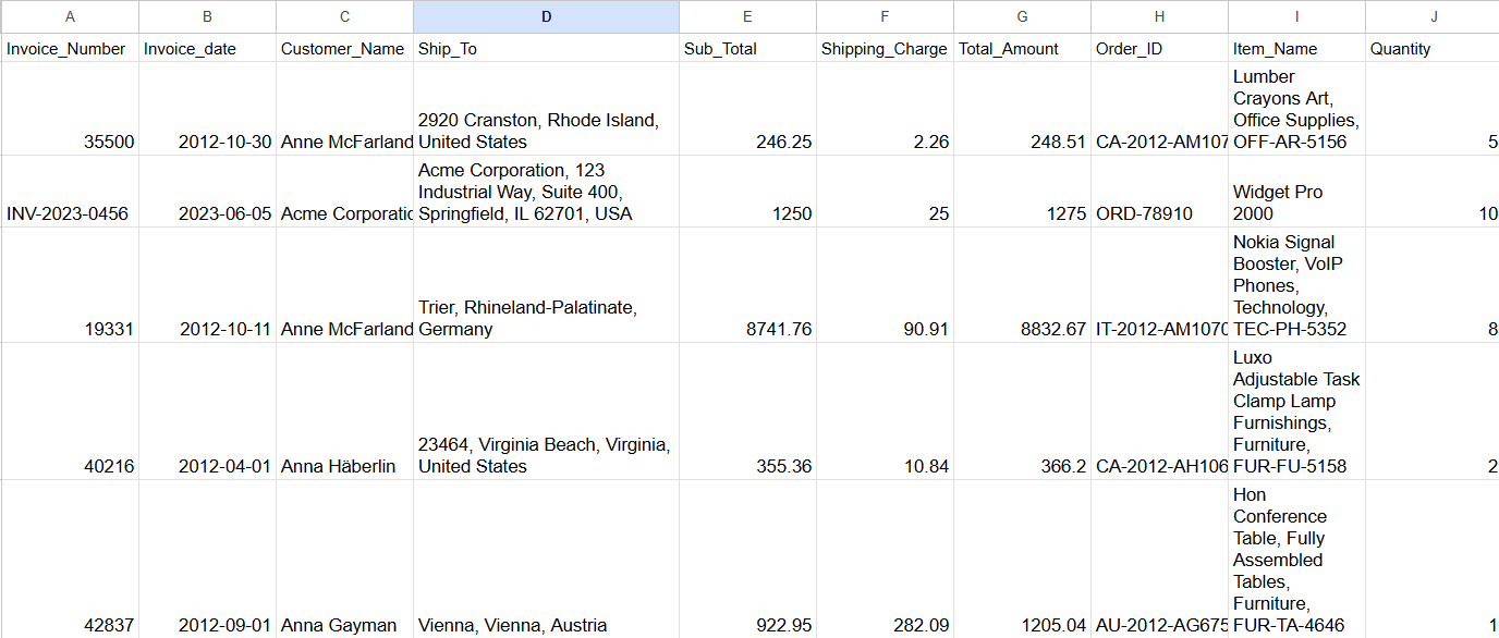 Google Sheet showing invoice data automatically extracted into structured columns
